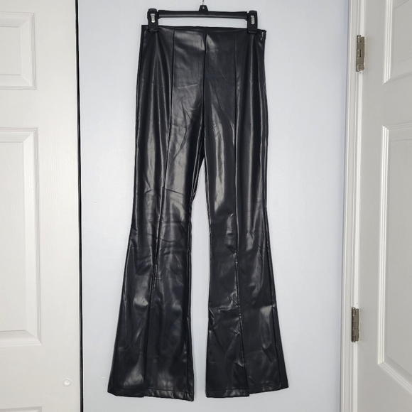 SOLD - NWT Commense Black Faux Leather High Waist Split Hem Stretchy Flare Pants - Picture 5 of 10